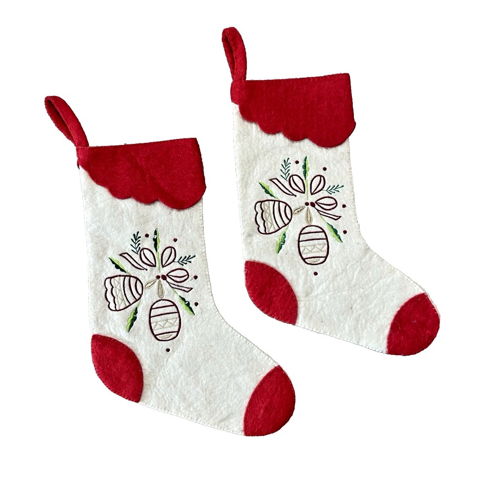 Set of 2  Creative Co-Op Felted Wool Embroidered Christmas‎ Stockings